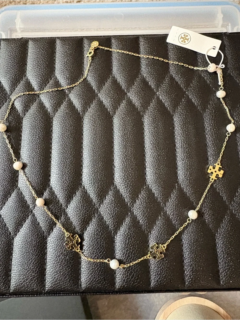 Tory Burch Gold Logo Station Necklace with White Beads